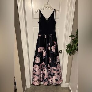 Navy Blue and Pink Flowery V Cut Prom Gown Size 8